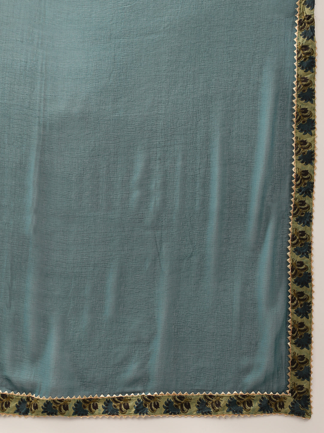 Pale blue-green fabric with ornate beaded border for Green Floral Print Cotton Embroidered Kurta Set