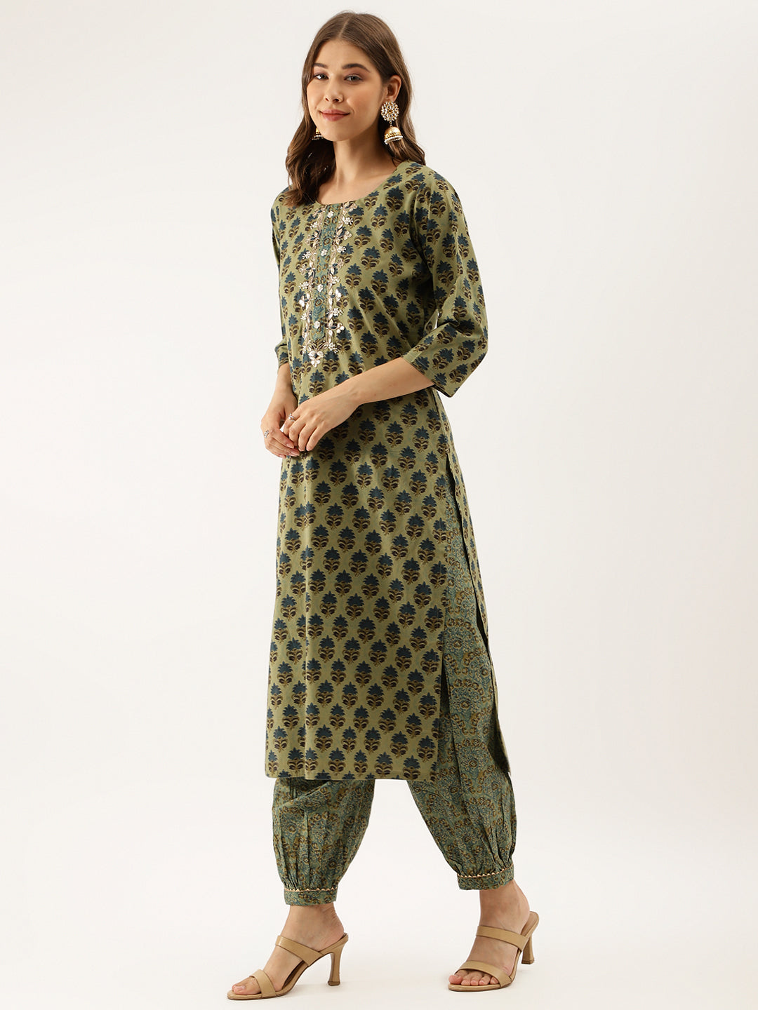 Green Floral Print Cotton Embroidered Kurta Set with matching pants and beige heels