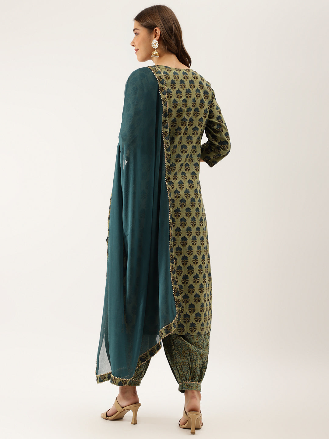 Green Floral Print Cotton Embroidered Kurta Set with Teal Dupatta and Matching Pants