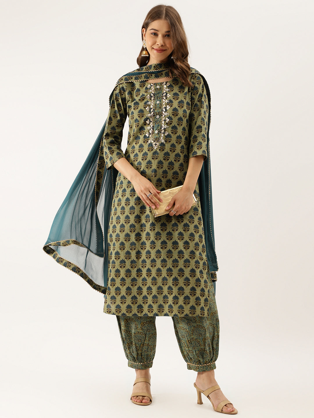 Green Floral Print Cotton Embroidered Kurta Set with Dupatta in green and gold pattern