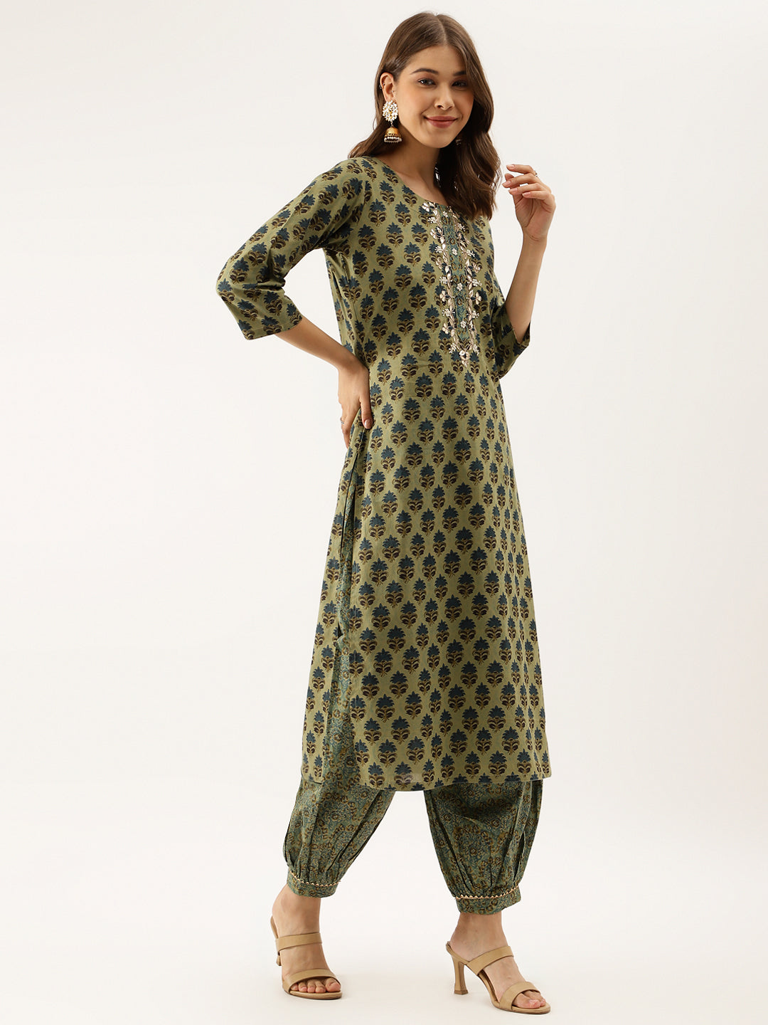 Green floral print cotton embroidered kurta set with matching salwar pants and dupatta