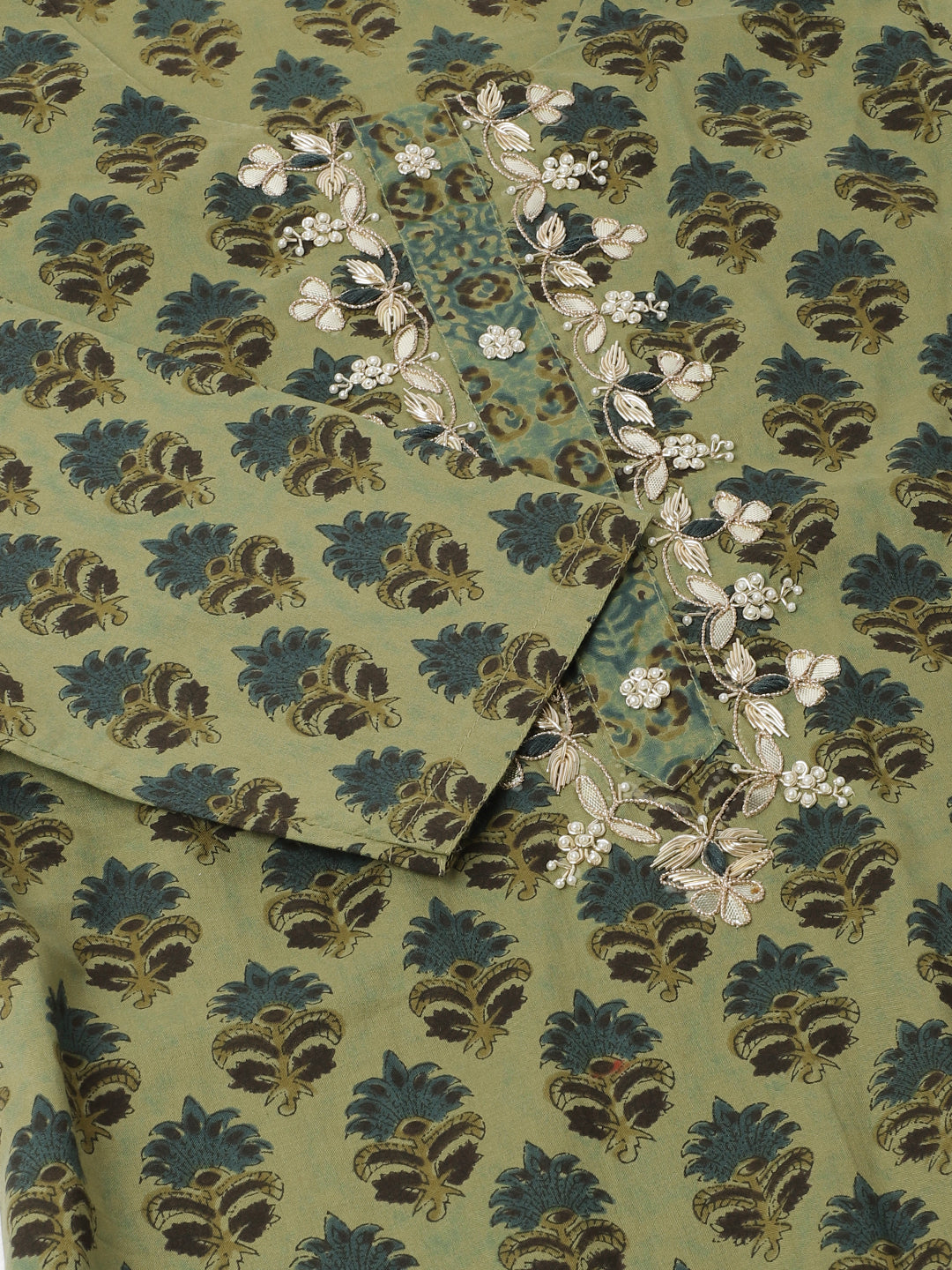 Flowering branch with white blossoms on Green Floral Print Cotton Embroidered Kurta Set