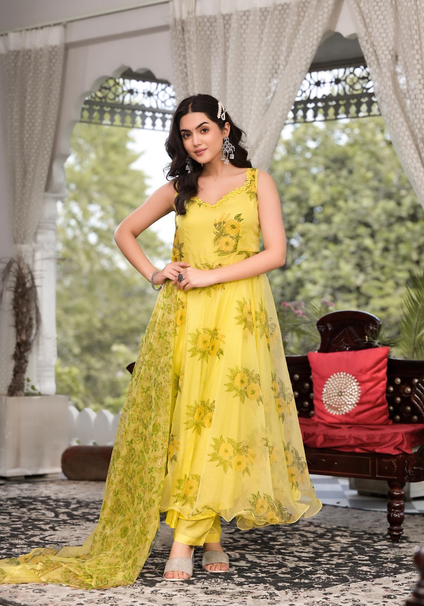 Bright yellow hand painted floral organza Anarkali Kurta Pant set with dupatta