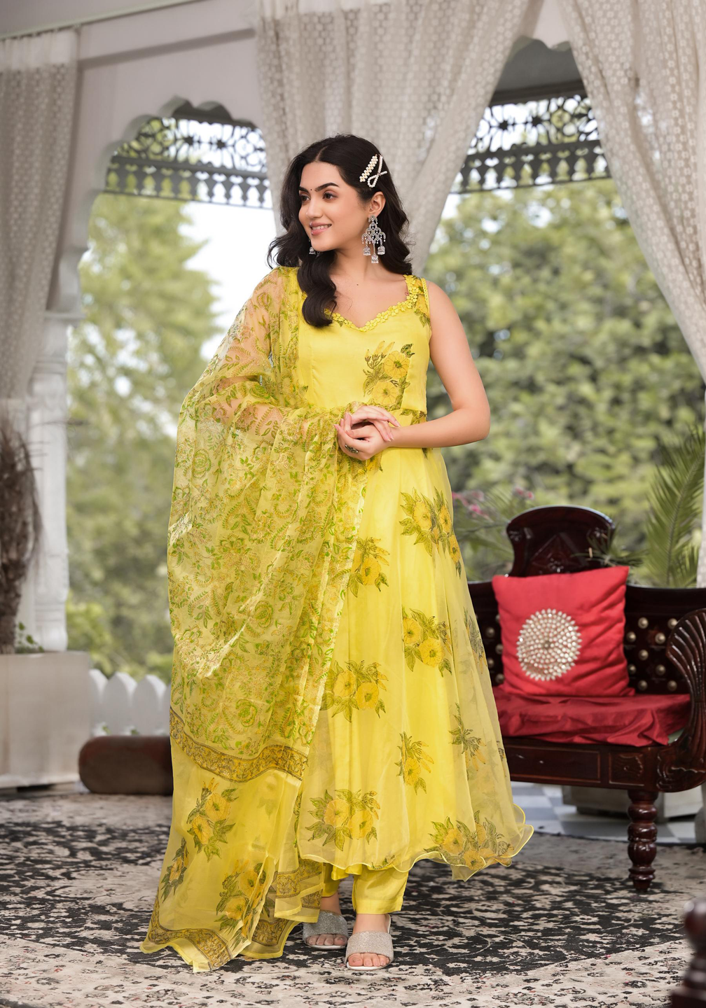 Vibrant Yellow Floral Organza Anarkali Suit with Matching Dupatta for elegant style