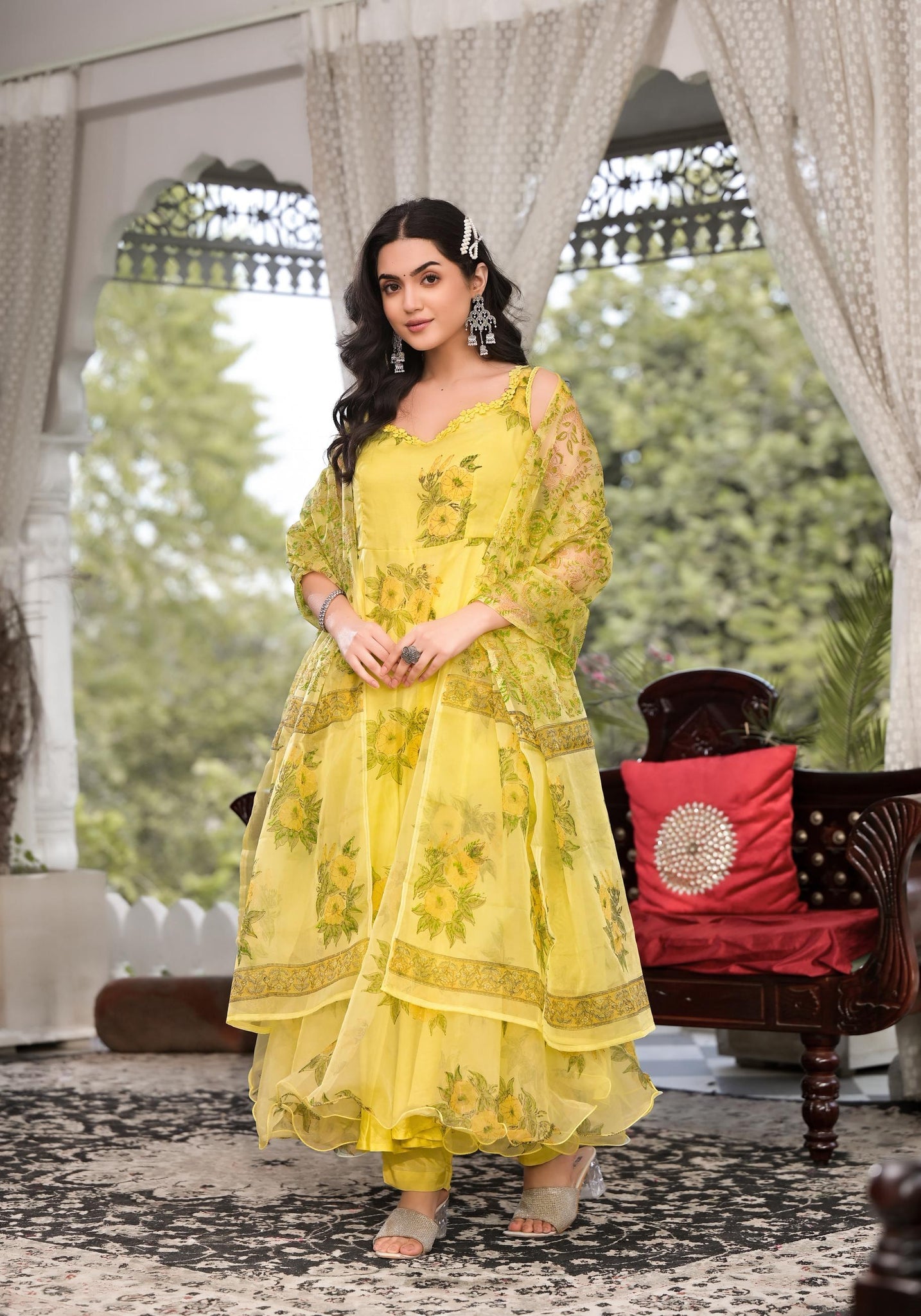 Vibrant Light Yellow Hand Painted Floral Organza Anarkali Kurta Pant Set with Dupatta