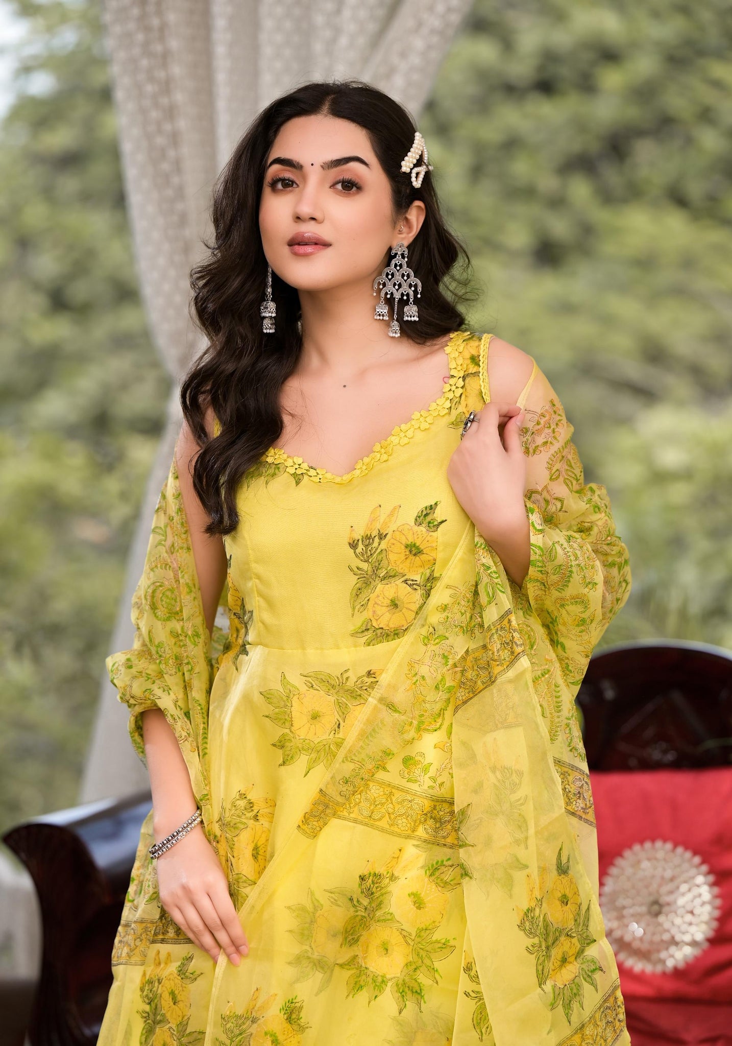 Woman in Light Yellow Hand Painted Floral Organza Anarkali Kurta Pant Set in vibrant style