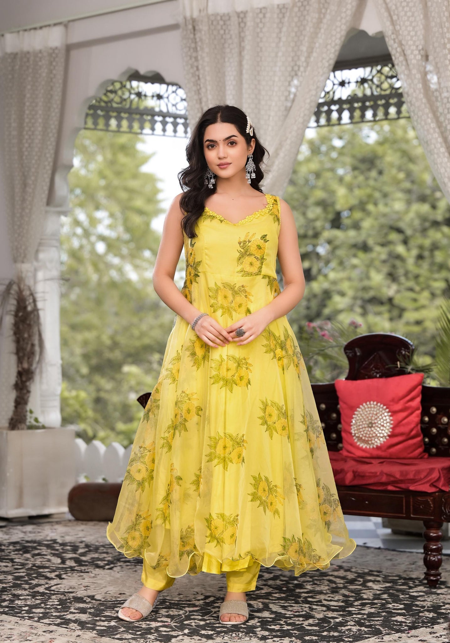 Bright yellow hand painted floral organza Anarkali Kurta Pant set with dupatta