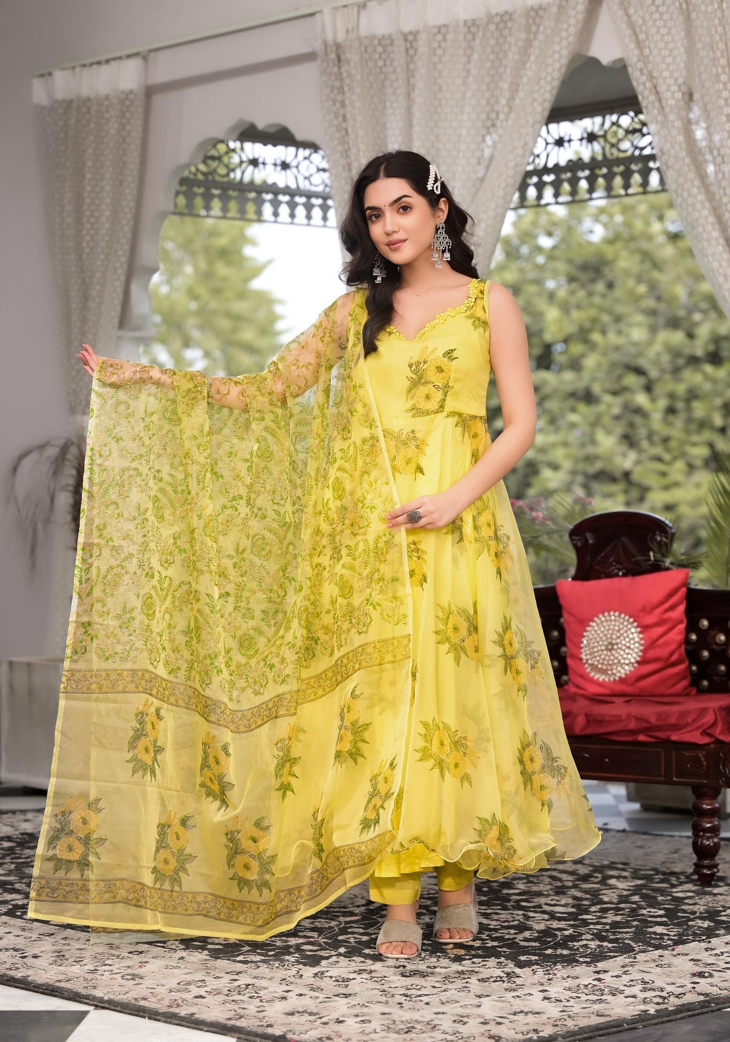 Bright yellow hand painted floral organza Anarkali suit with matching sheer dupatta