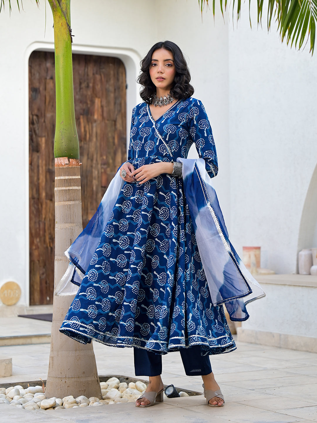 Indigo Blue Handblock Print Cotton Anarkali Kurta Set with Organza Dupatta and pants