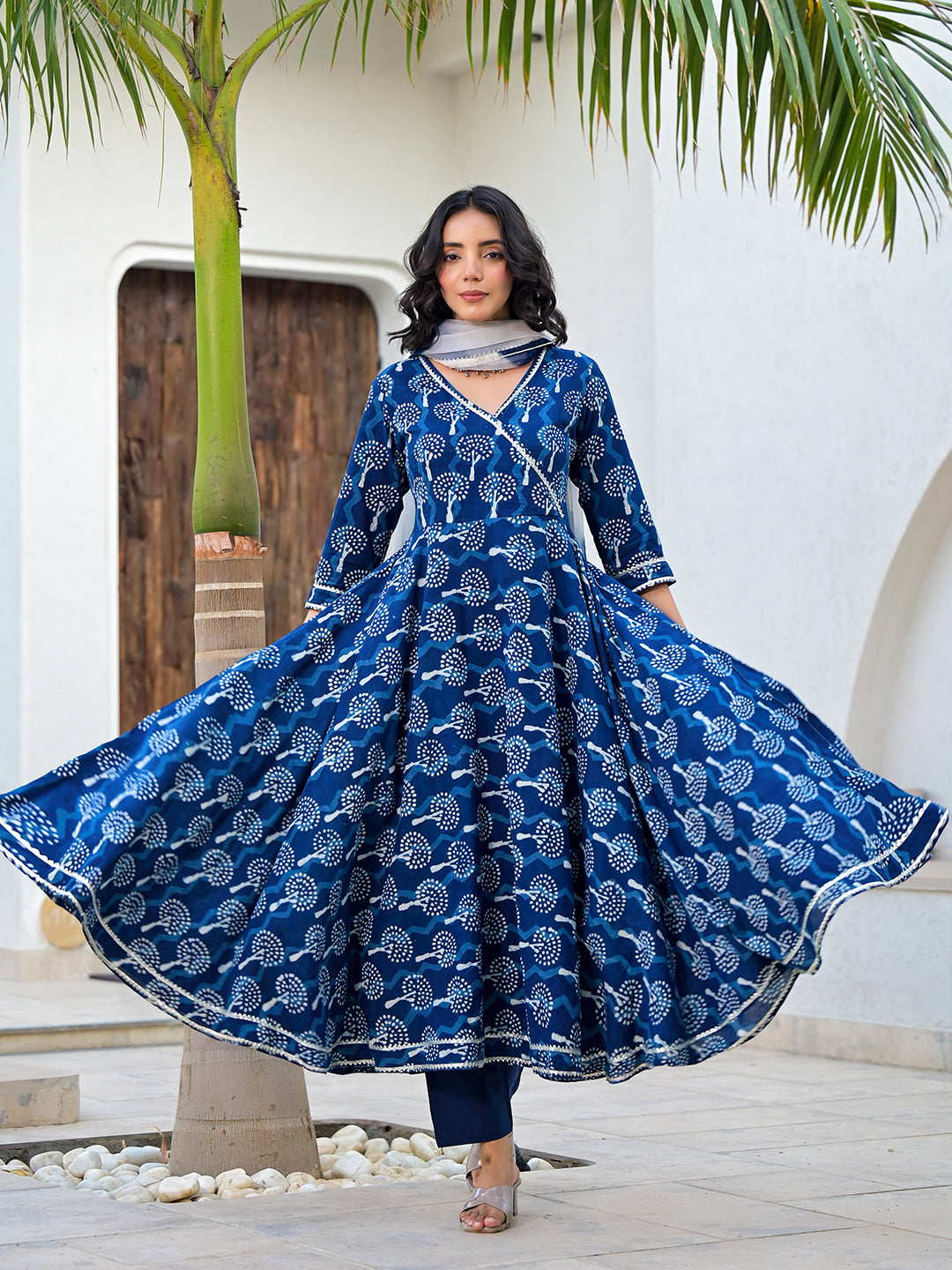 Indigo Blue Handblock Print Cotton Anarkali Kurta Set with Flared Silhouette and Dupatta