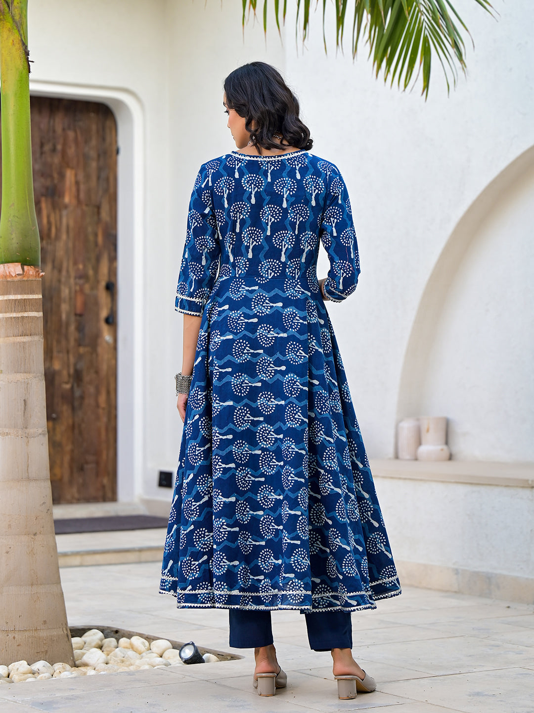 Blue patterned long dress with three-quarter sleeves from Indigo Blue Handblock Cotton Anarkali Kurta Set