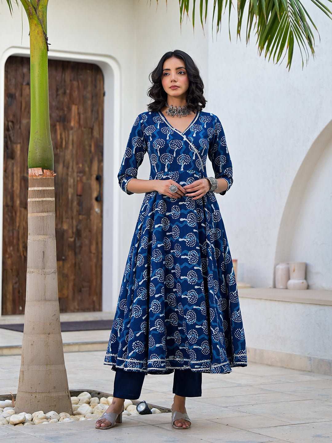 Woman wearing Indigo Blue Handblock Print Cotton Anarkali Kurta Set with pants