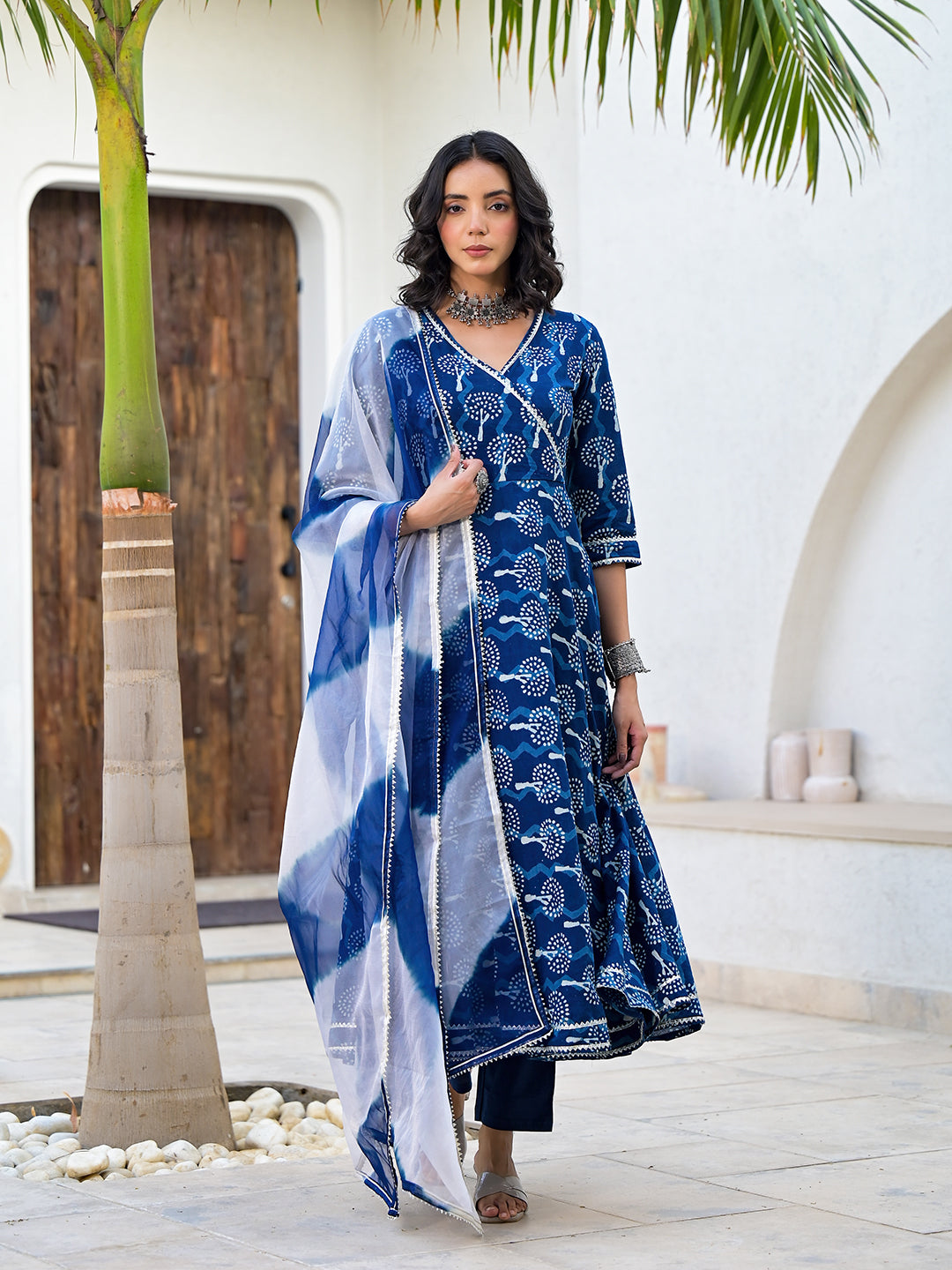 Indigo Blue Handblock Print Cotton Anarkali Kurta Set with Organza Dupatta displayed elegantly