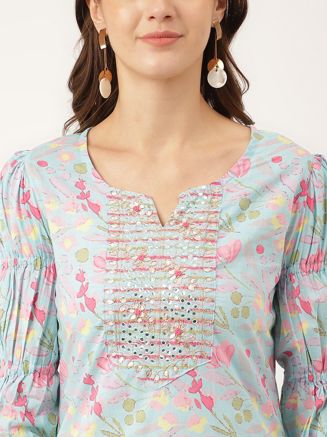 Floral Print Cotton Kurta with Embroidered Front and Puff Sleeves in Blue