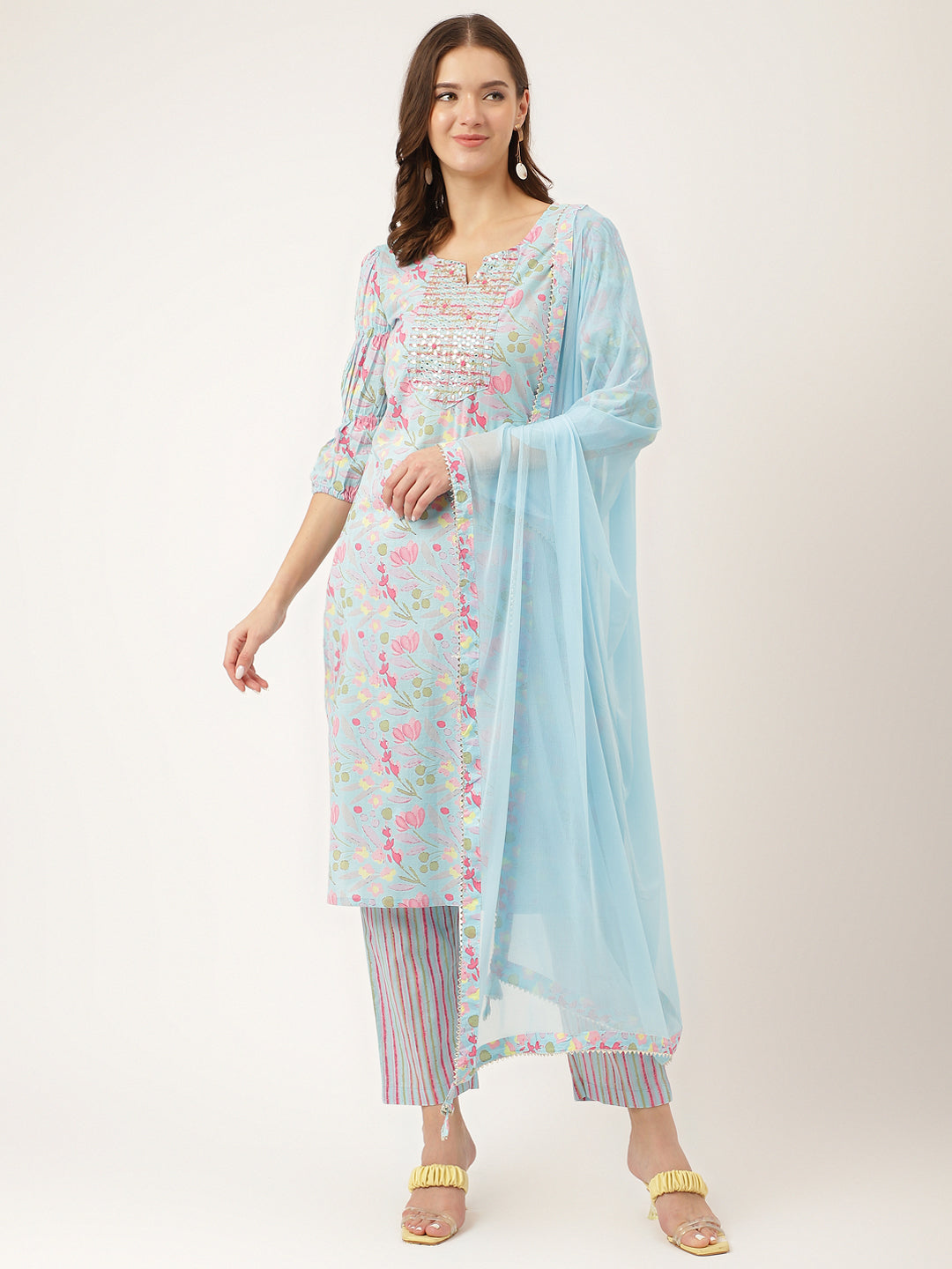 Woman in Blue Floral Print Cotton Kurta with Matching Trouser and Dupatta