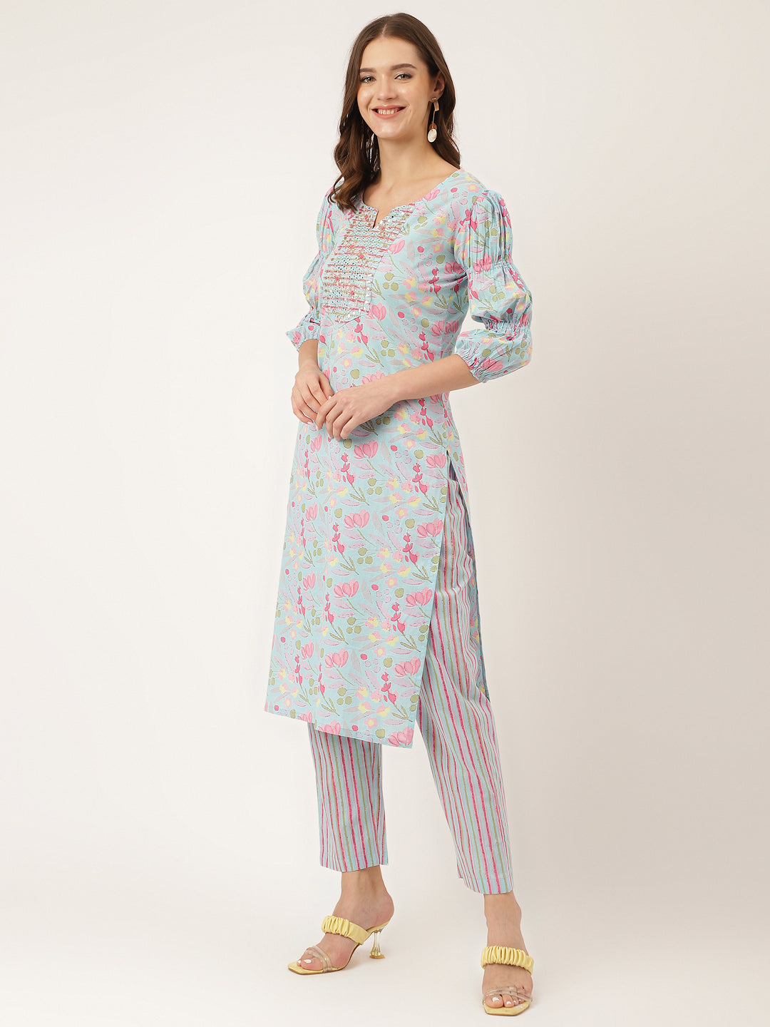 Floral Kurta with Puff Sleeves paired with Striped Pants in Blue Cotton Design