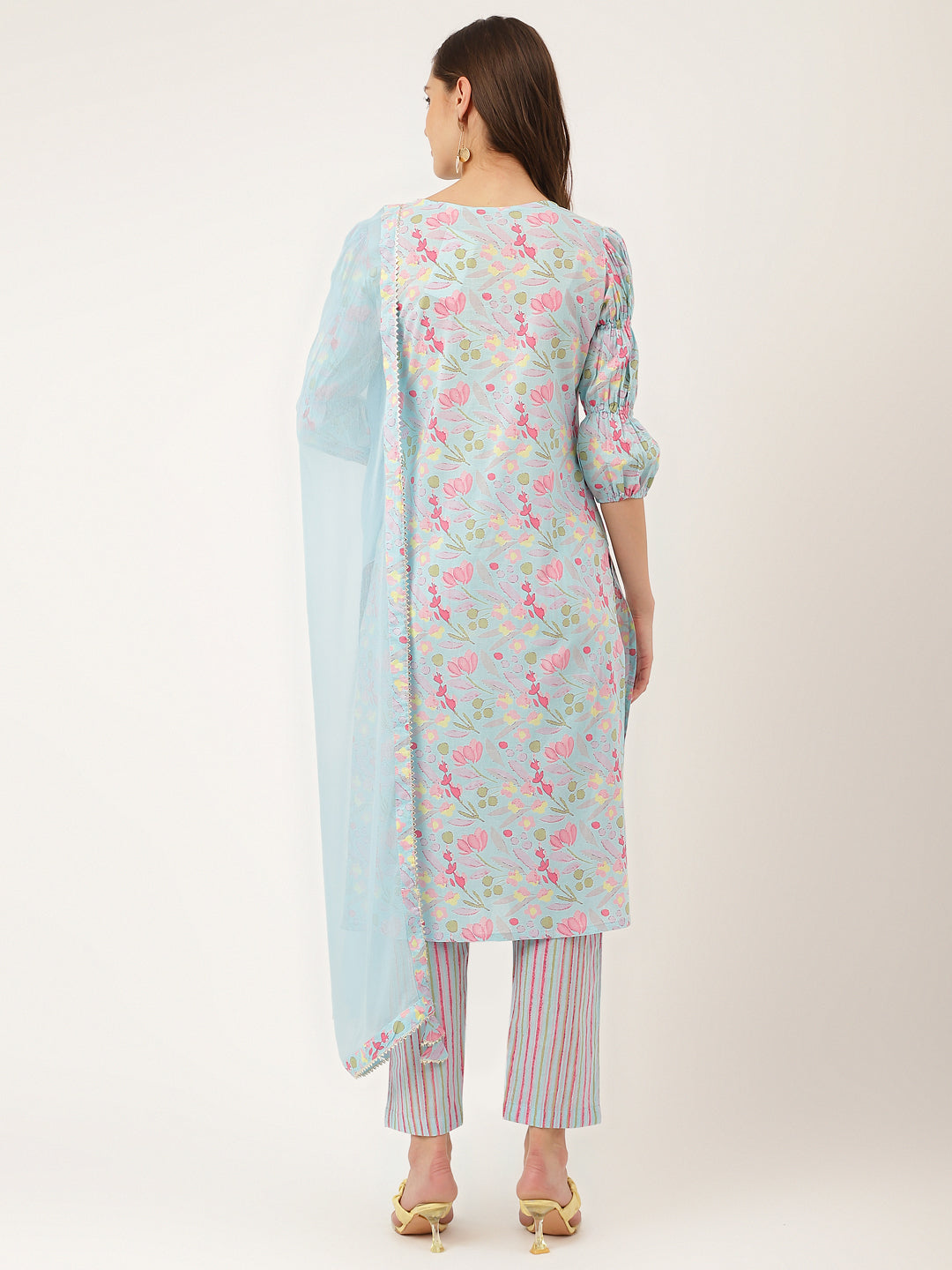 Blue Floral Print Cotton Kurta with Striped Pants and Light Blue Dupatta Displayed