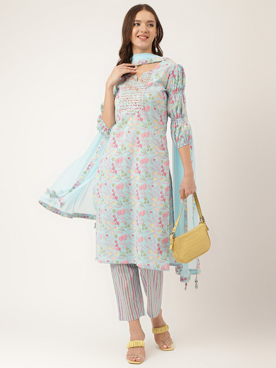 Blue Floral Print Cotton Kurta with Tasseled Sleeves and Matching Dupatta