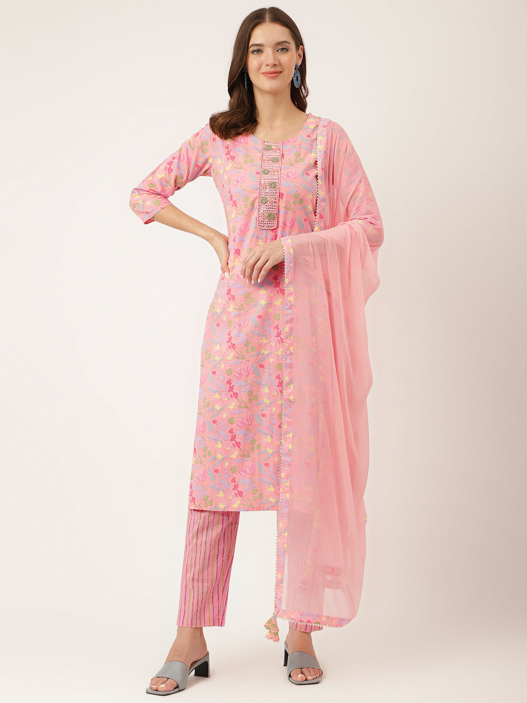 Pink floral print cotton kurta with matching trouser and dupatta from Unicorn Fashion