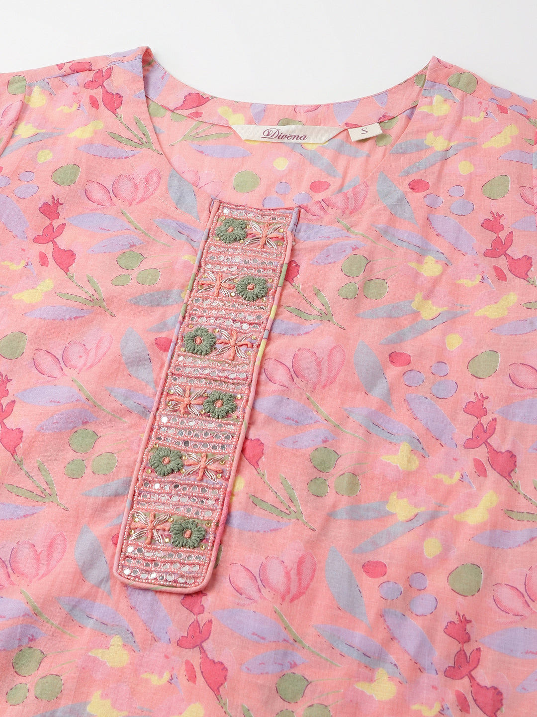 Pink floral print cotton kurta with decorative button placket for Unicorn Fashion