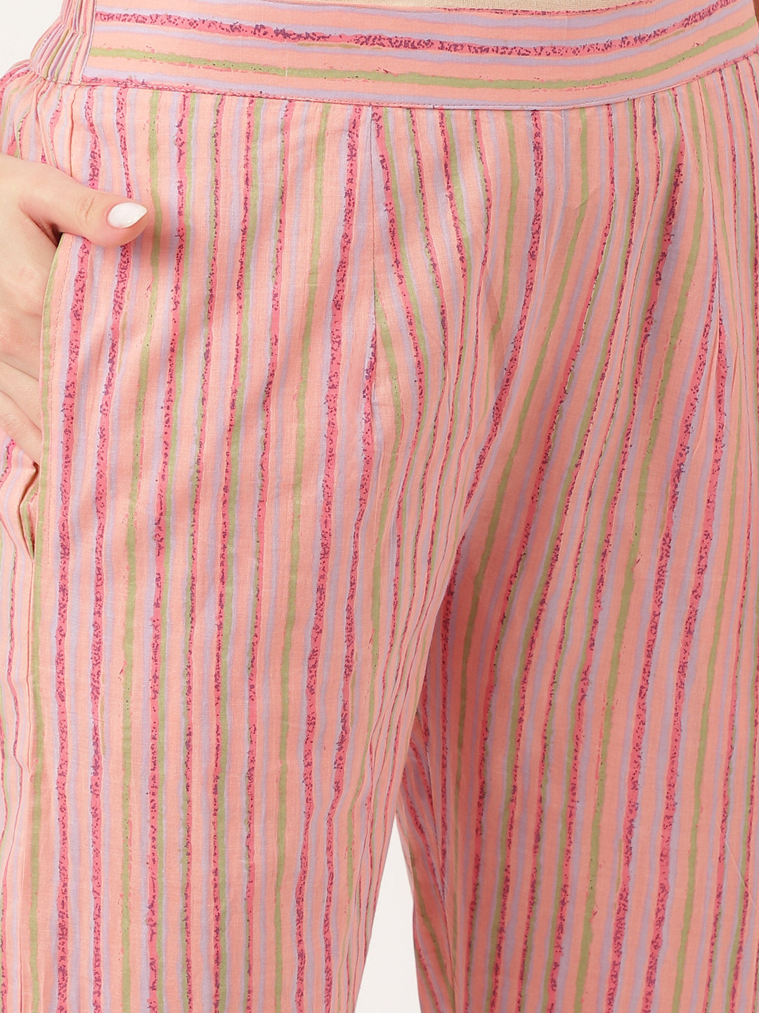 Striped pink pants with multicolored lines from Pink Floral Print Cotton Kurta set