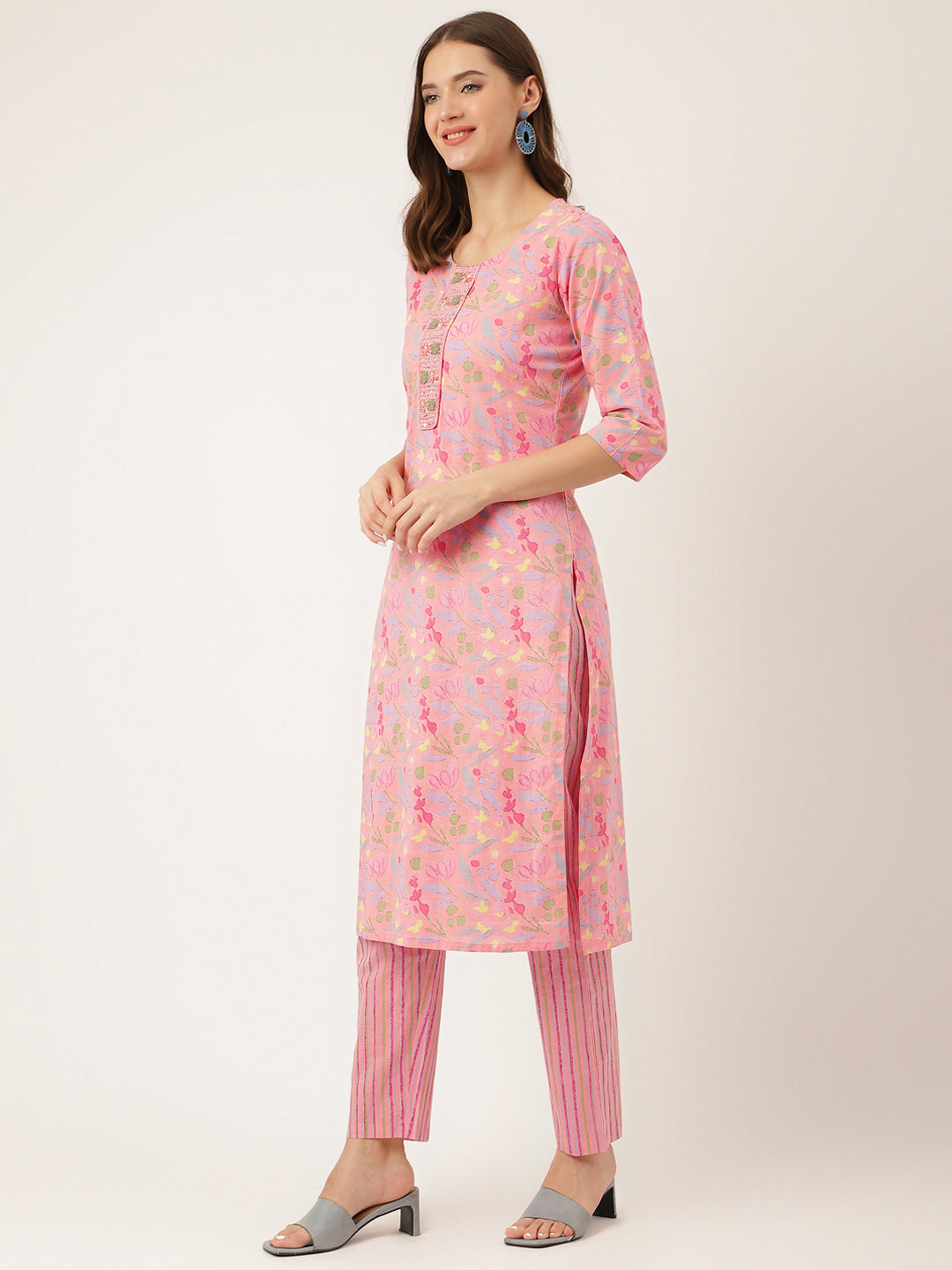 Pink floral print cotton kurta with three-quarter sleeves and striped pants in Unicorn Fashion