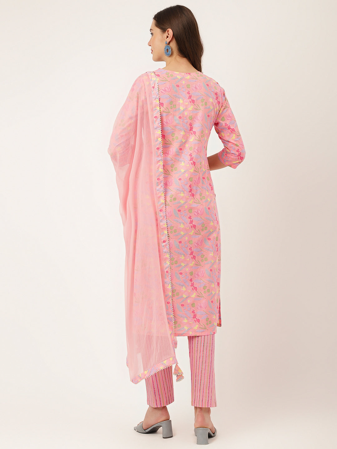 Pink floral print cotton kurta with matching pants and dupatta from Unicorn Fashion