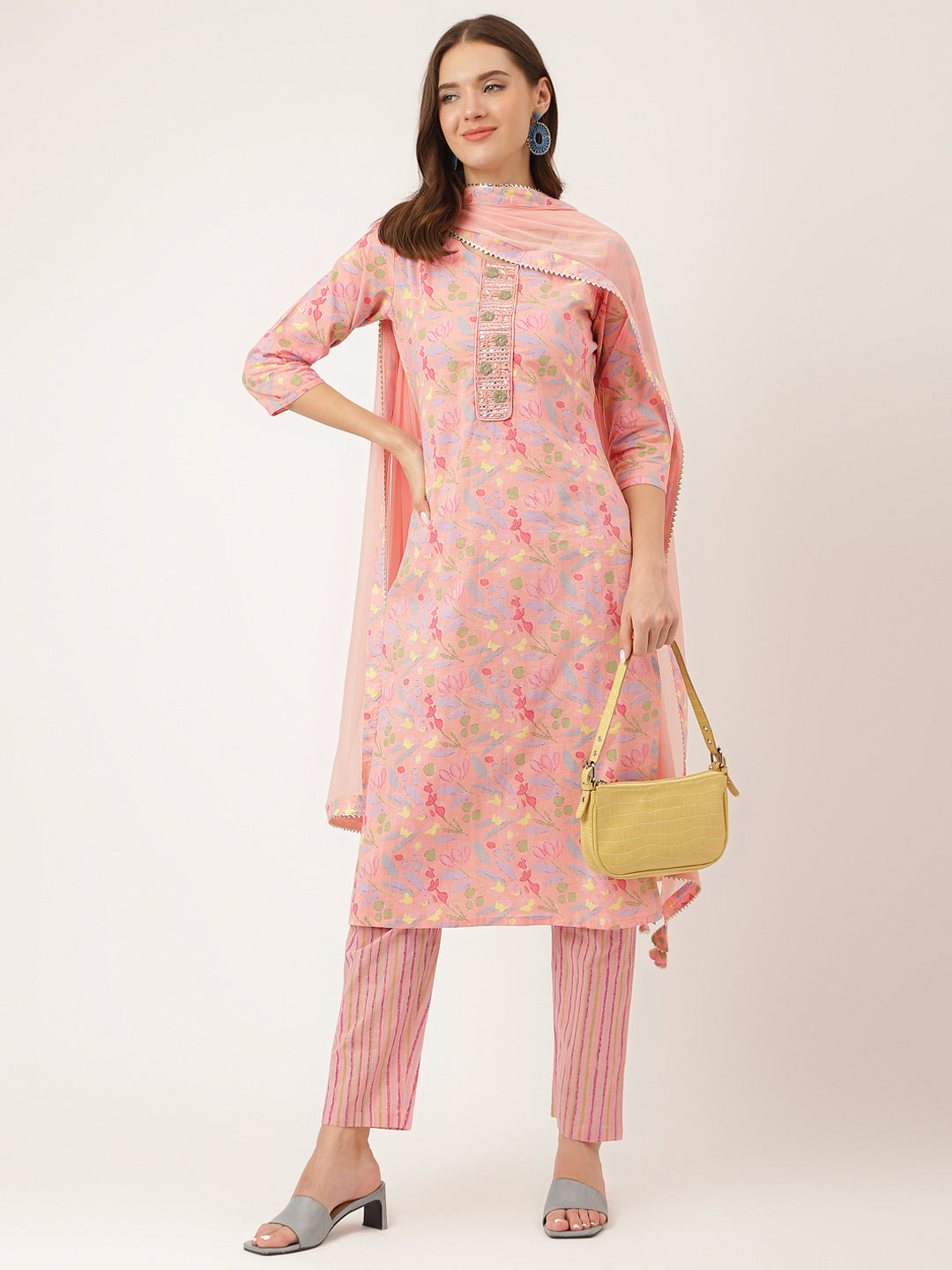 Pink floral print cotton kurta with striped pants and yellow handbag from Unicorn Fashion