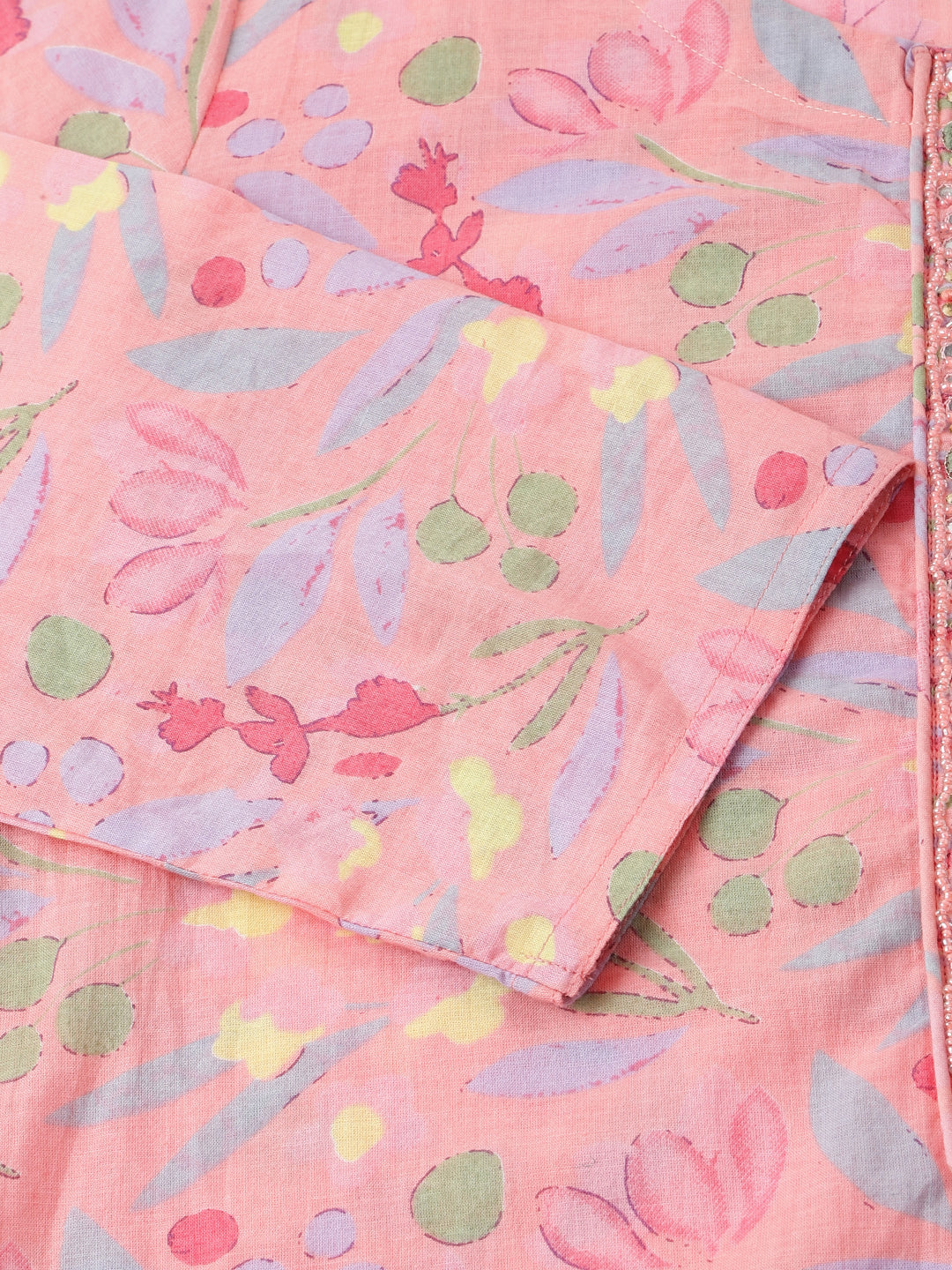 Pink floral print fabric featuring a colorful abstract pattern for a stylish cotton kurta