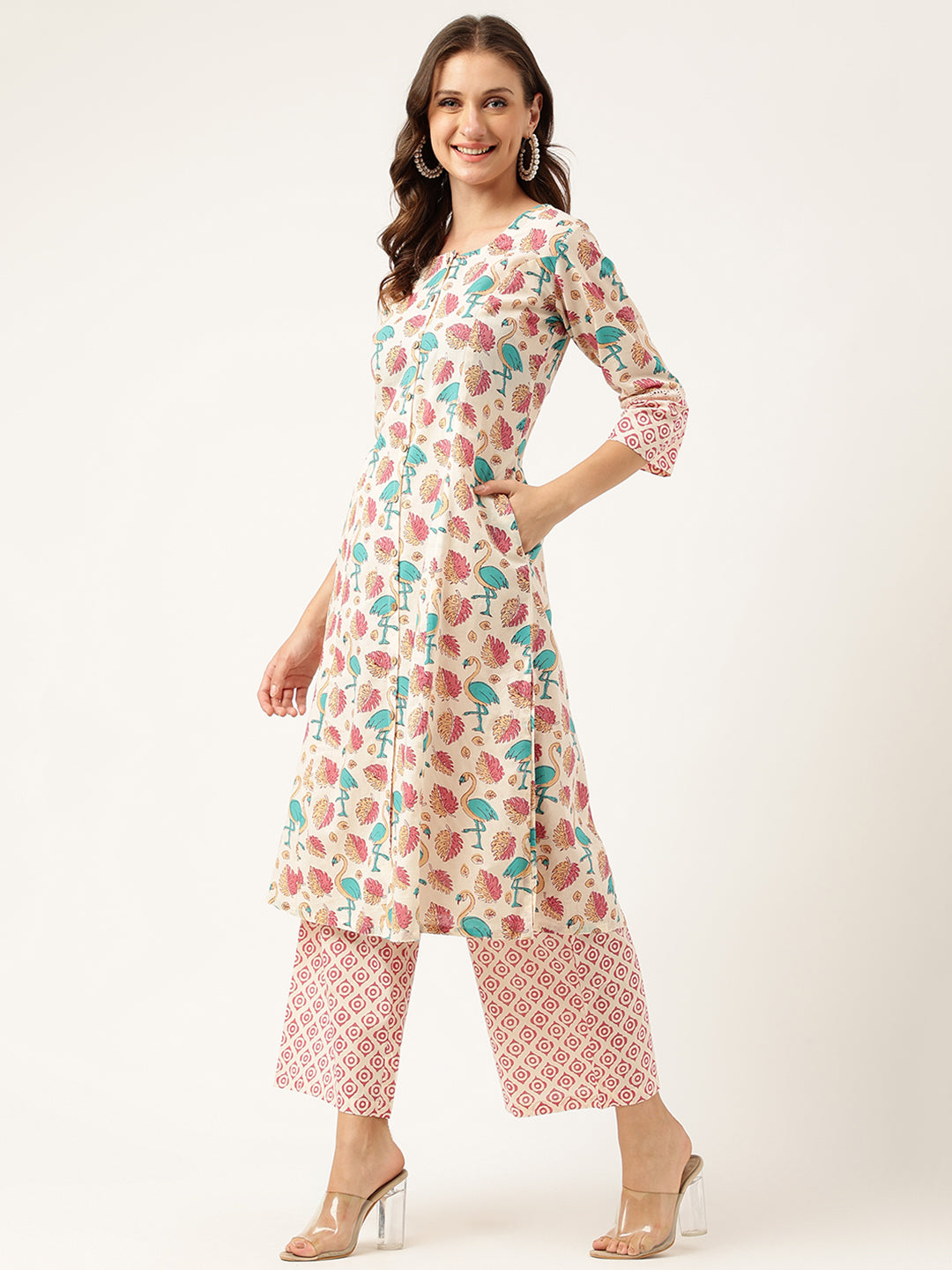 Floral Cotton Kurta with Trouser Set featuring vibrant floral print and stylish palazzo pants