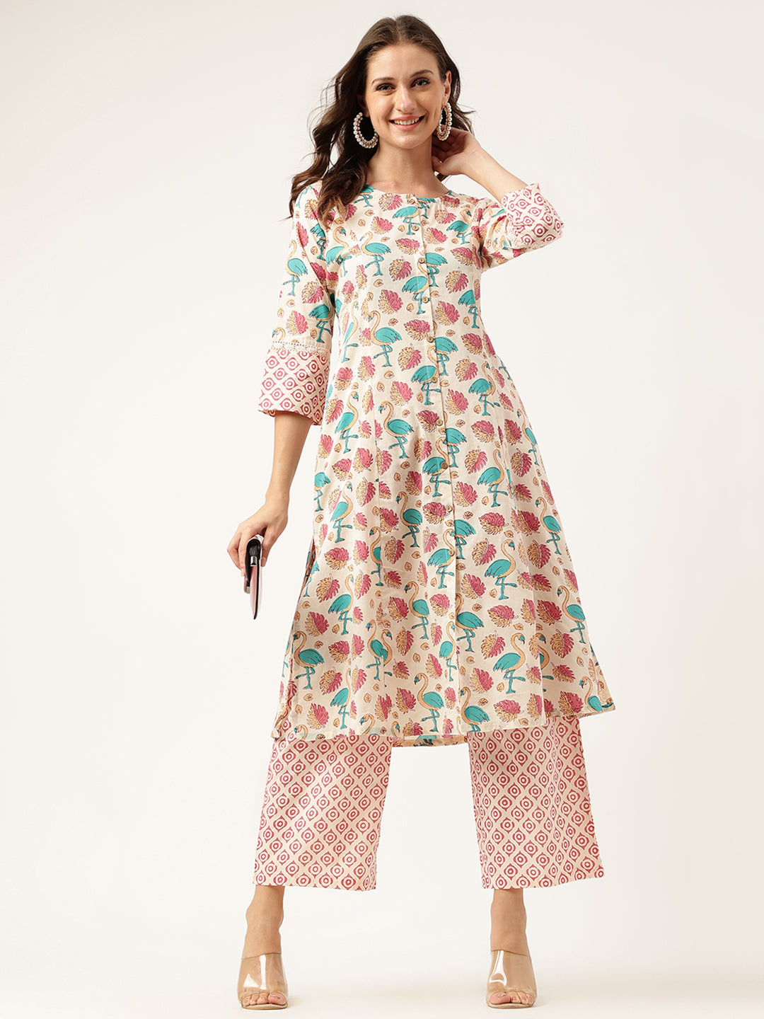 Floral Cotton Kurta and Palazzo Set with Three-Quarter Sleeves for Stylish Comfort