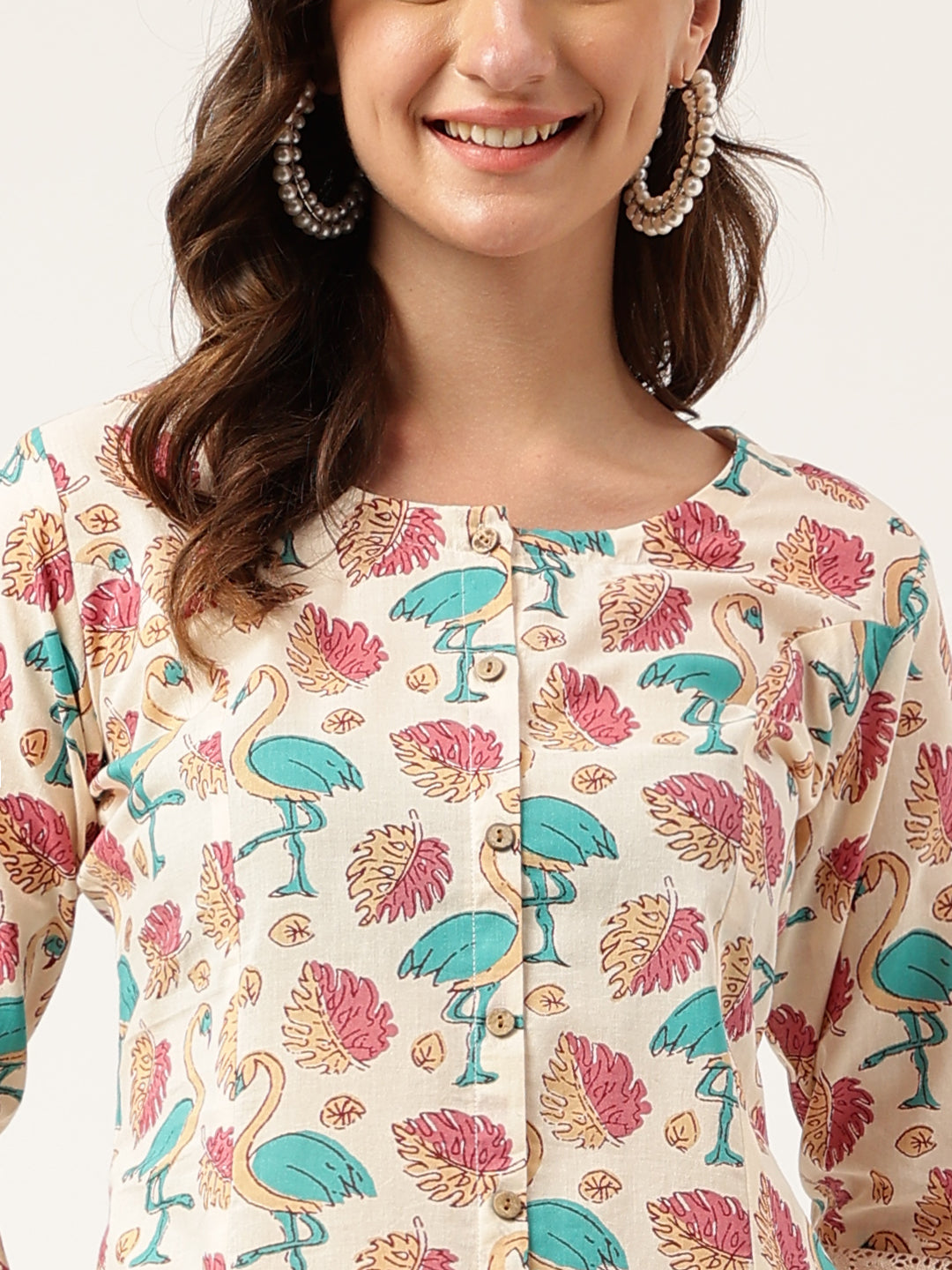 Floral Cotton Kurta with Trouser set featuring a floral and flamingo patterned blouse