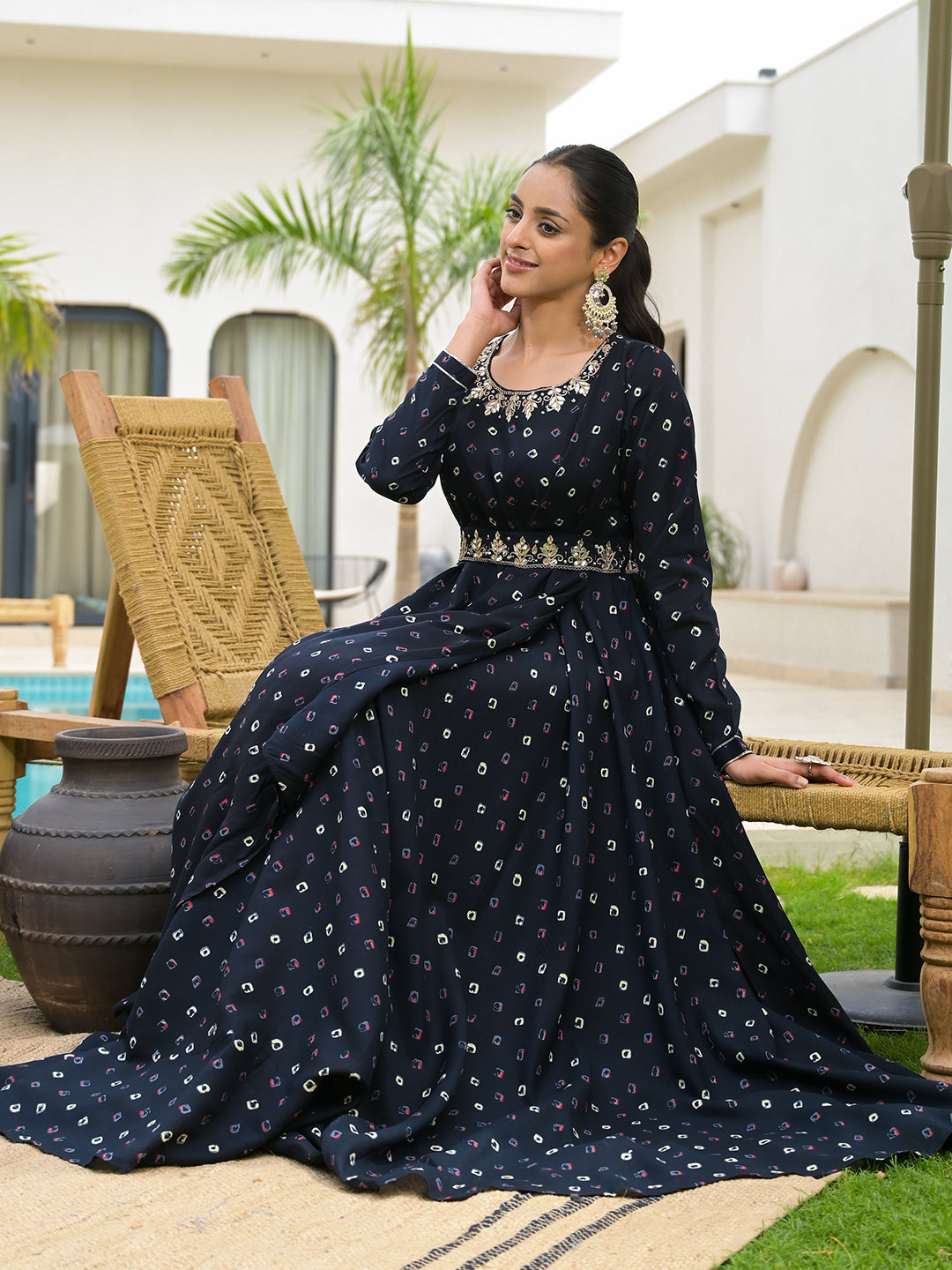 Long navy blue bandhani print dress with silver embroidery and fitted waist