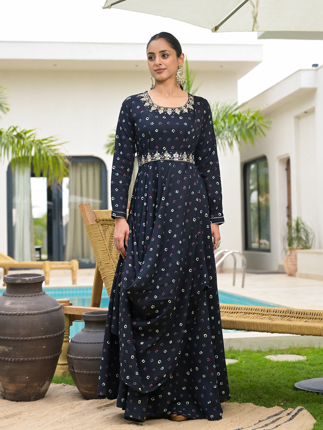 Long navy blue Bandhani print flared dress with embellished waistband and belt