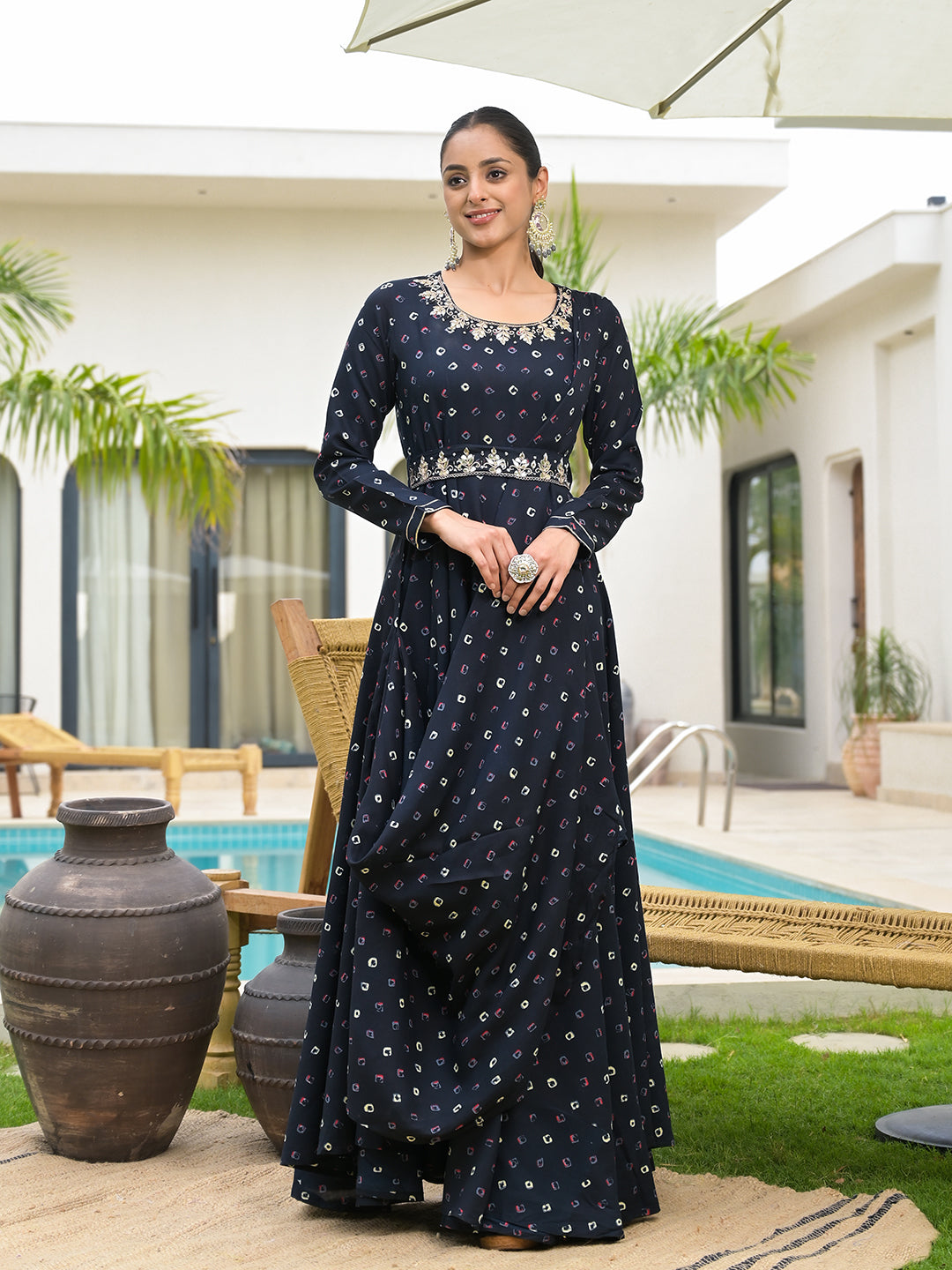 Navy Blue Bandhani Print Flared Long Dress with Belt and embellished waistband stylish design