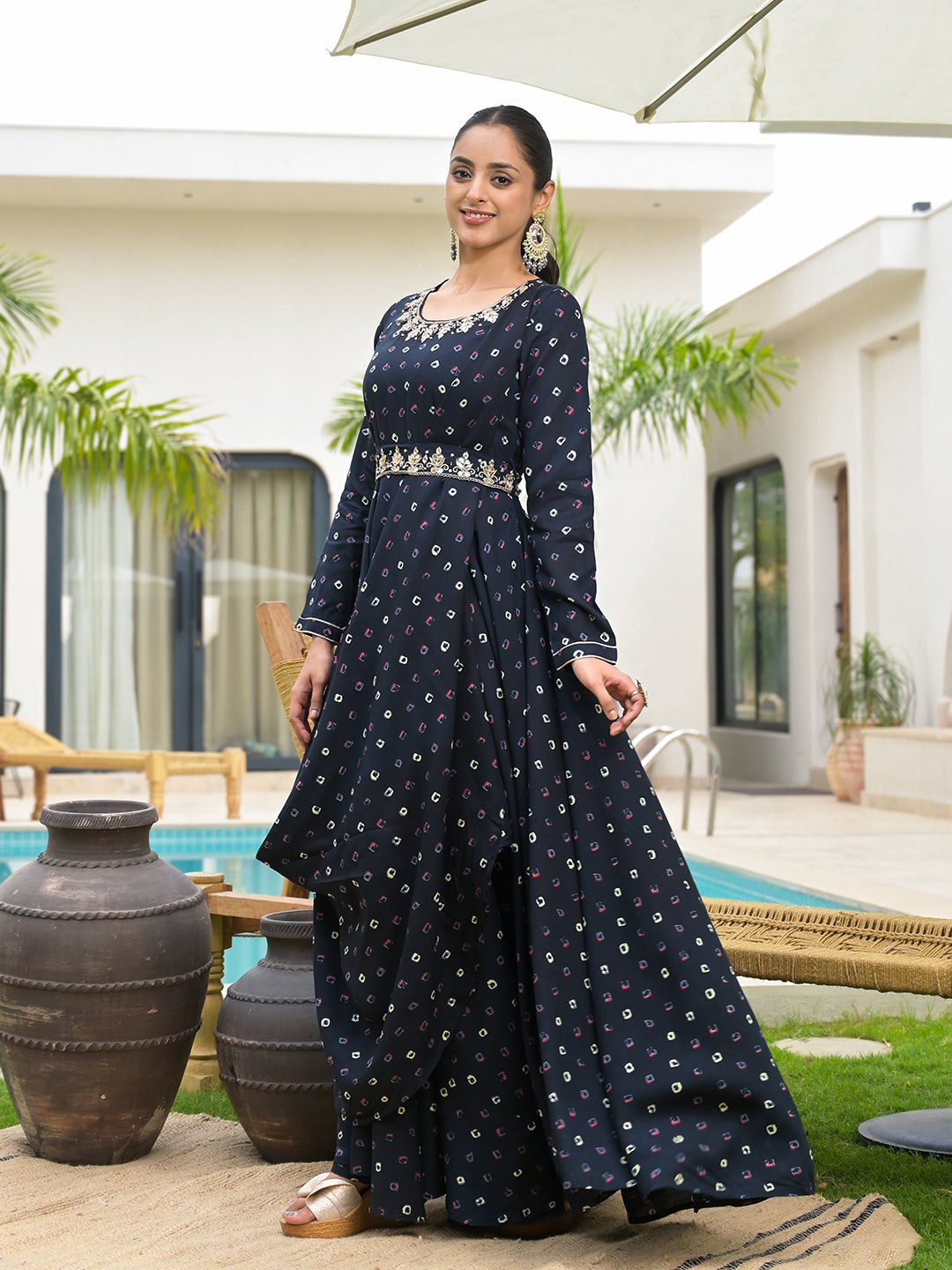 Long-sleeved floor-length Navy Blue Bandhani Print dress with embellished waistband