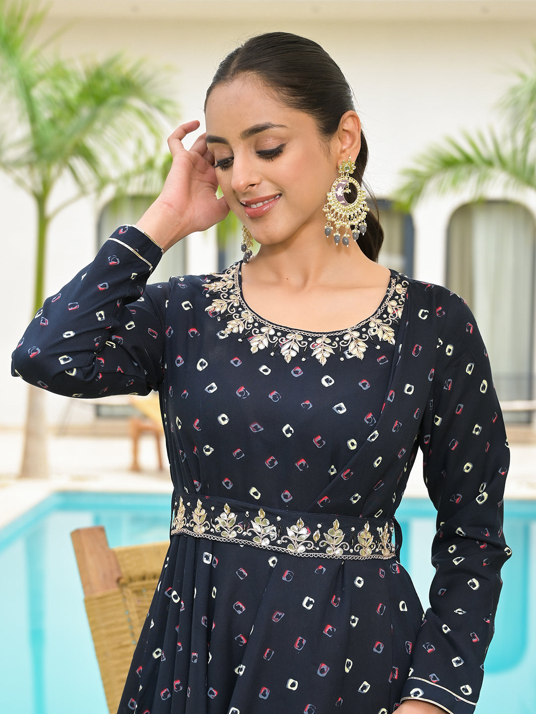 Navy Blue Bandhani Print Flared Long Dress with Belt featuring silver embroidery and floral pattern