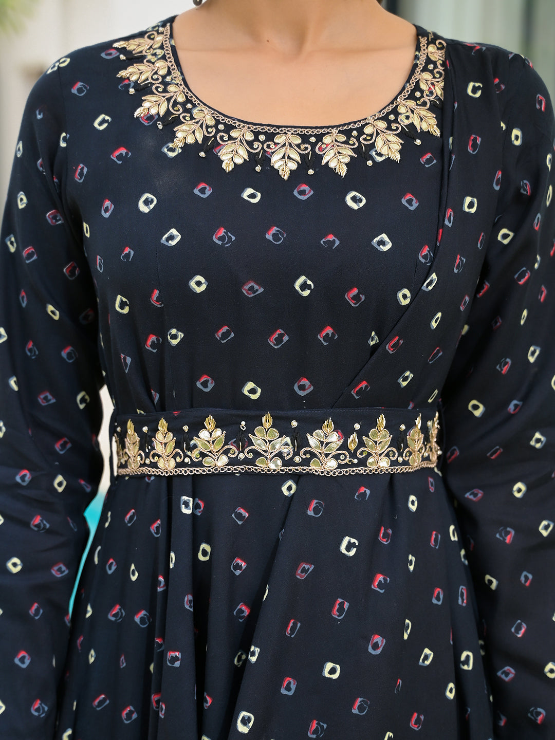 Navy Blue Bandhani Print Flared Long Dress with Belt featuring gold embroidery and floral pattern