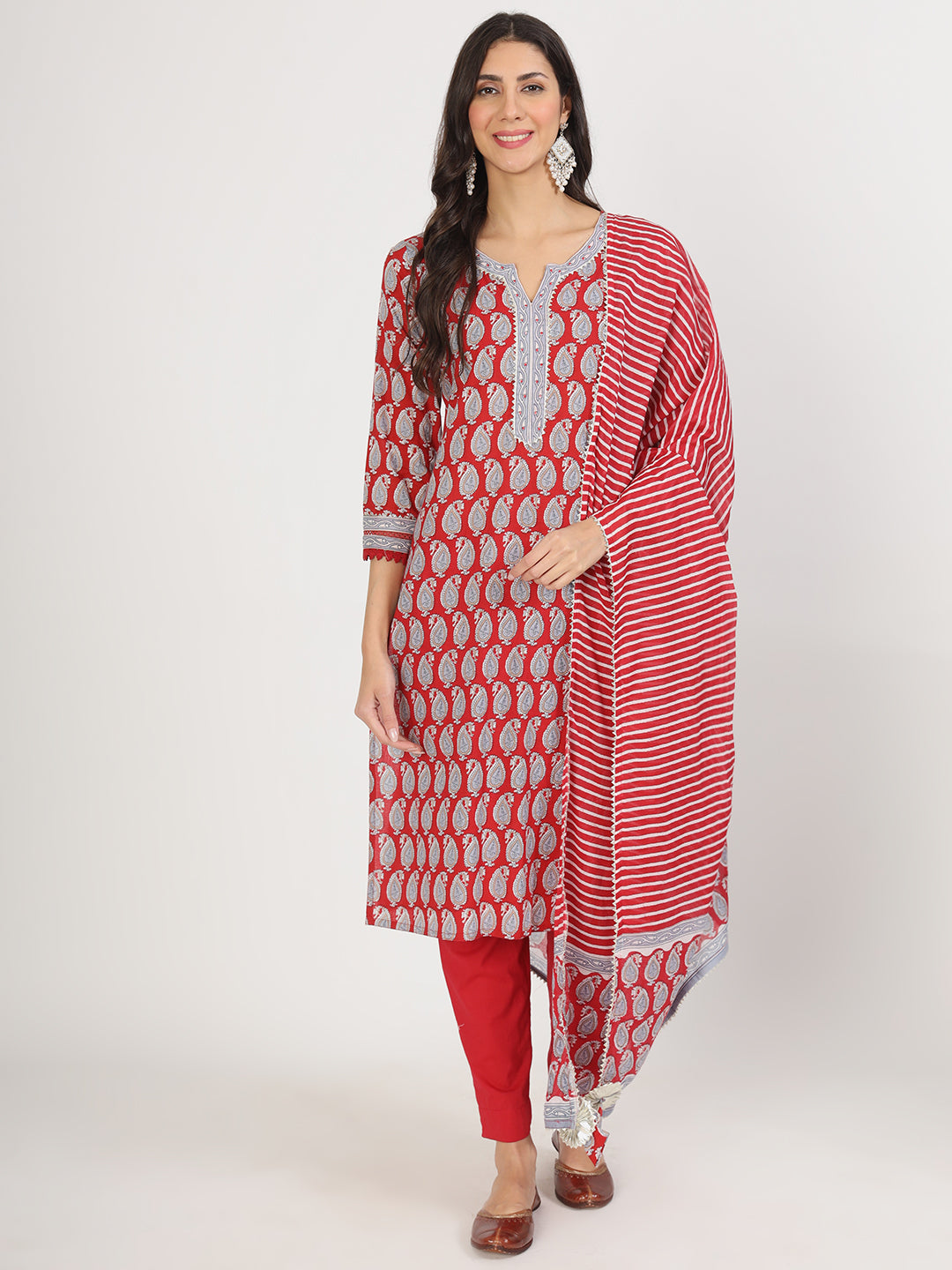 Maroon Paisley Print Cotton Kurta Pants with matching dupatta and red and white patterns