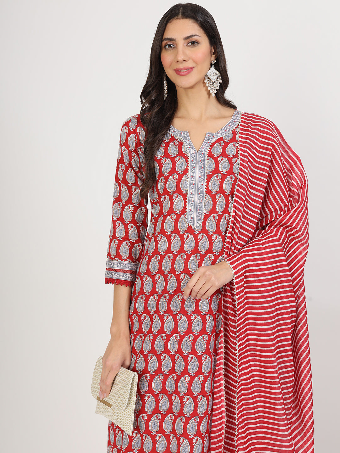 Red and white patterned maroon paisley print cotton kurta pants with dupatta set