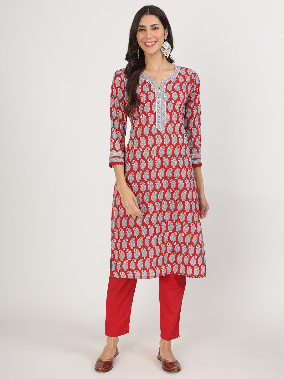 Maroon Paisley Print Cotton Kurta Pants set with three-quarter sleeves over red pants