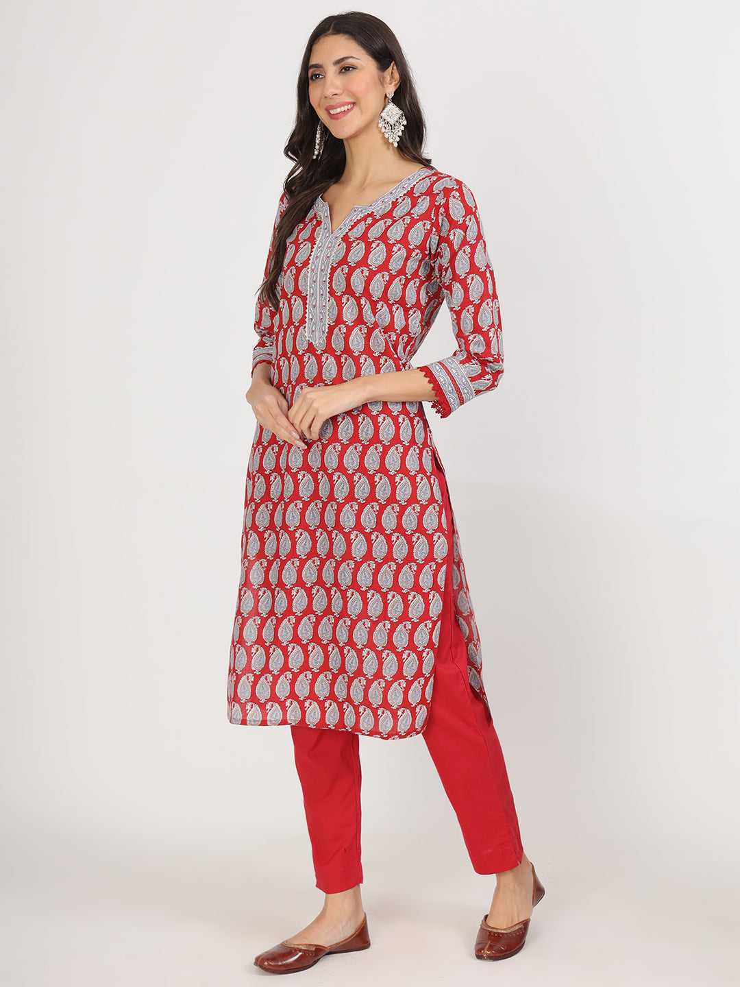 Maroon Paisley Print Cotton Kurta Pants set featuring red and gray patterned kurti