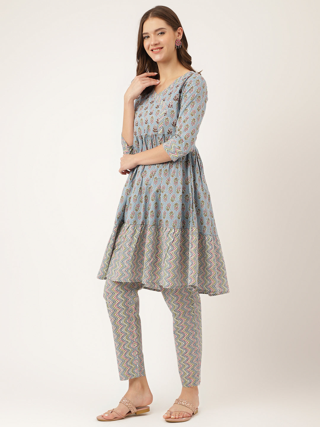 Sky Blue Hand Block Floral Print Cotton Kurta and Trouser Set in Soft Blue and Gray Tones