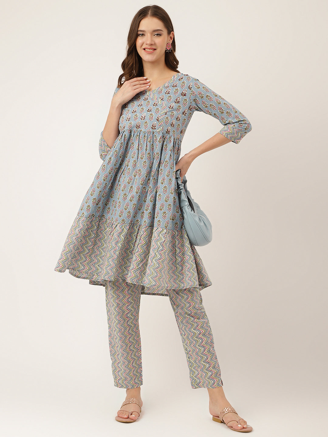 Sky Blue Hand Block Floral Print Cotton Kurta and Trouser set in soft blue and gray