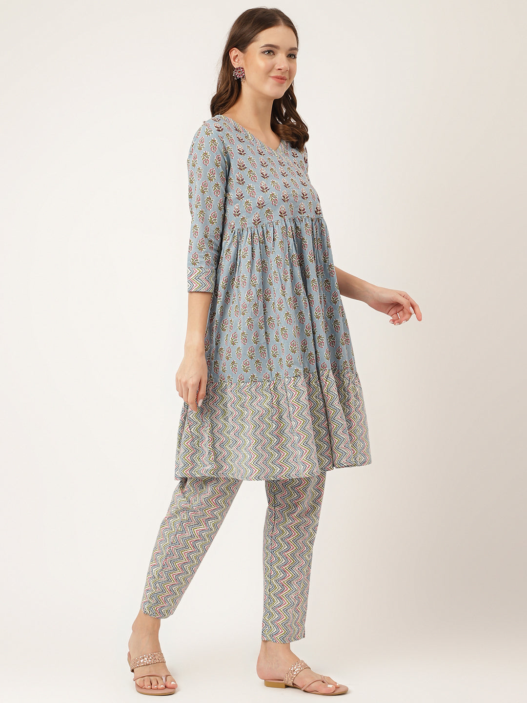 Floral print cotton dress and pants outfit featuring Sky Blue Hand Block design