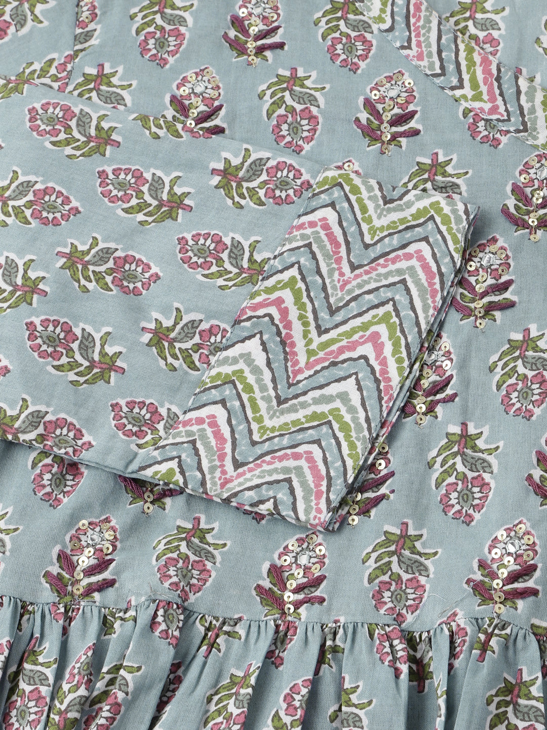 Patterned floral print cotton featuring a folded zigzag design in Sky Blue Hand Block