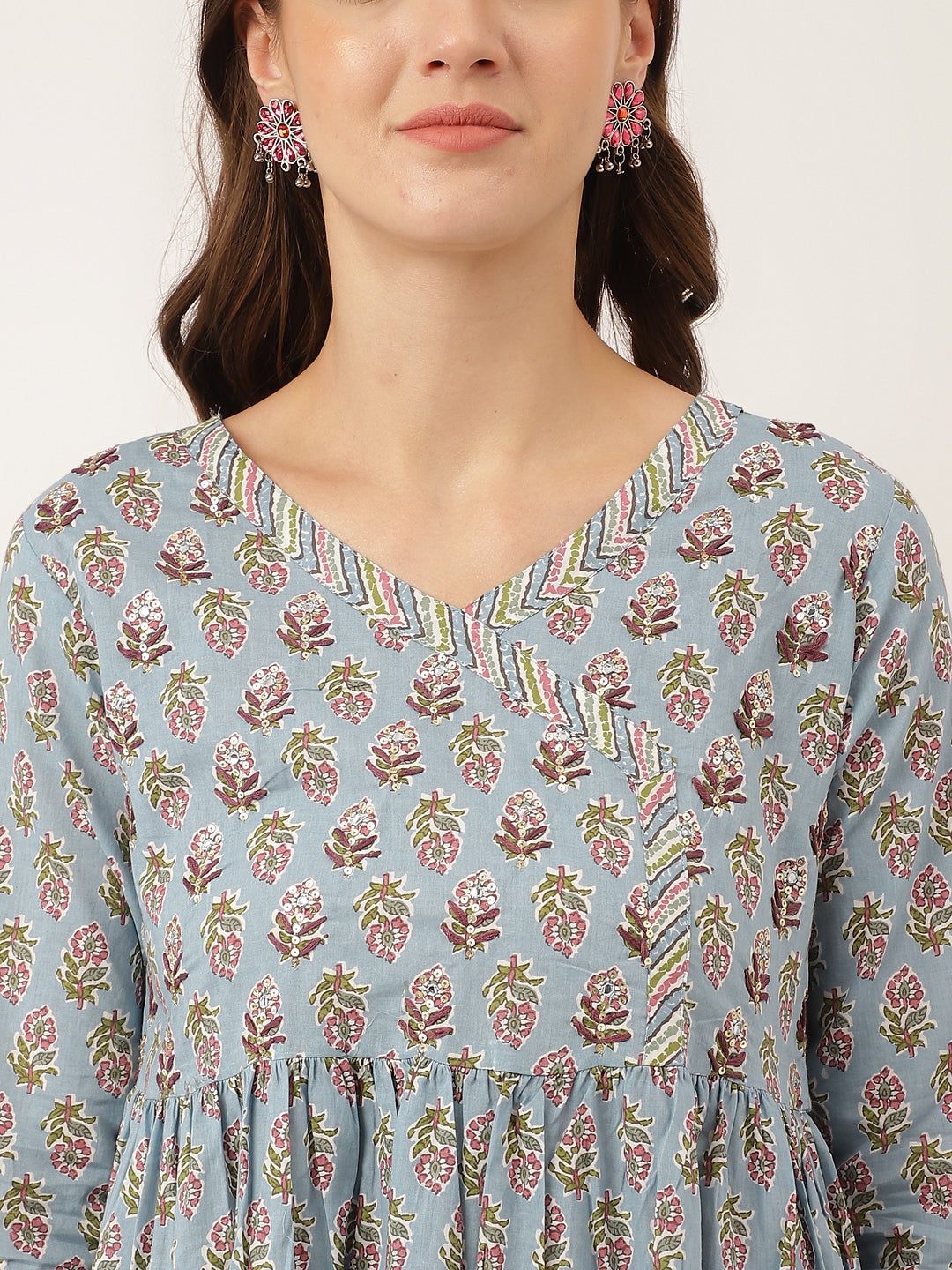 Light blue floral print cotton dress with V-neckline and long sleeves, Sky Blue Hand Block design