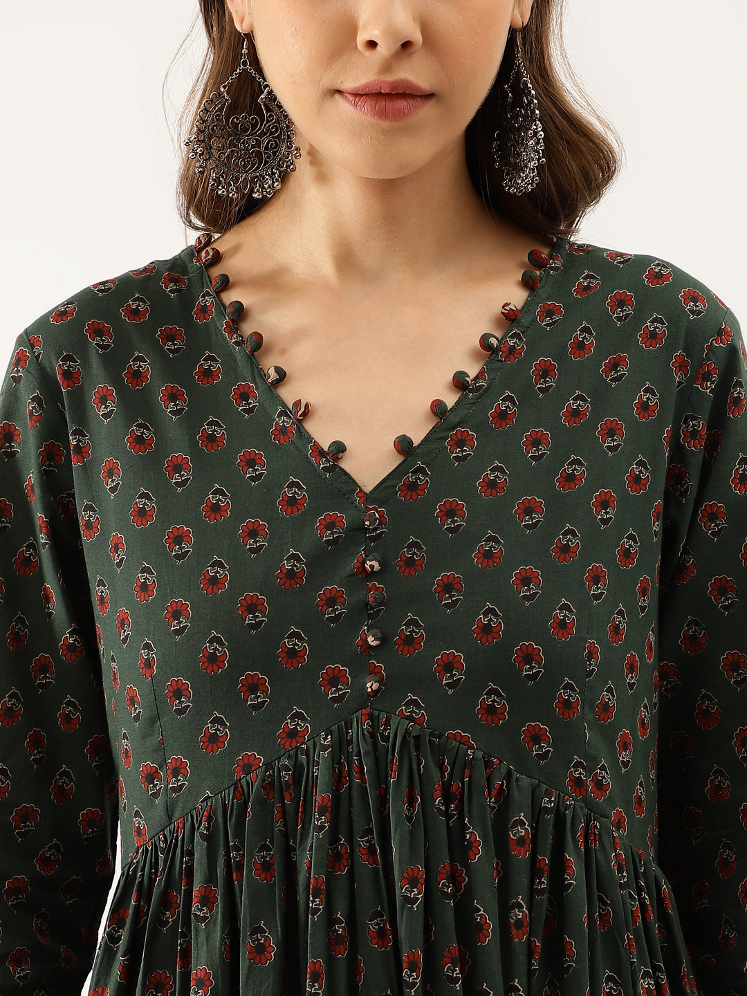 Dark green floral print cotton kurta set with dupatta featuring a V-neckline