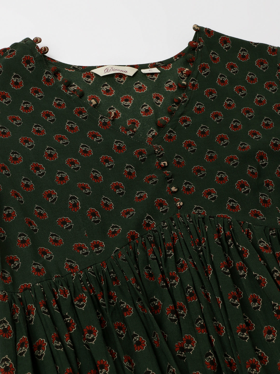 Dark green floral print cotton kurta set with dupatta featuring small red flowers