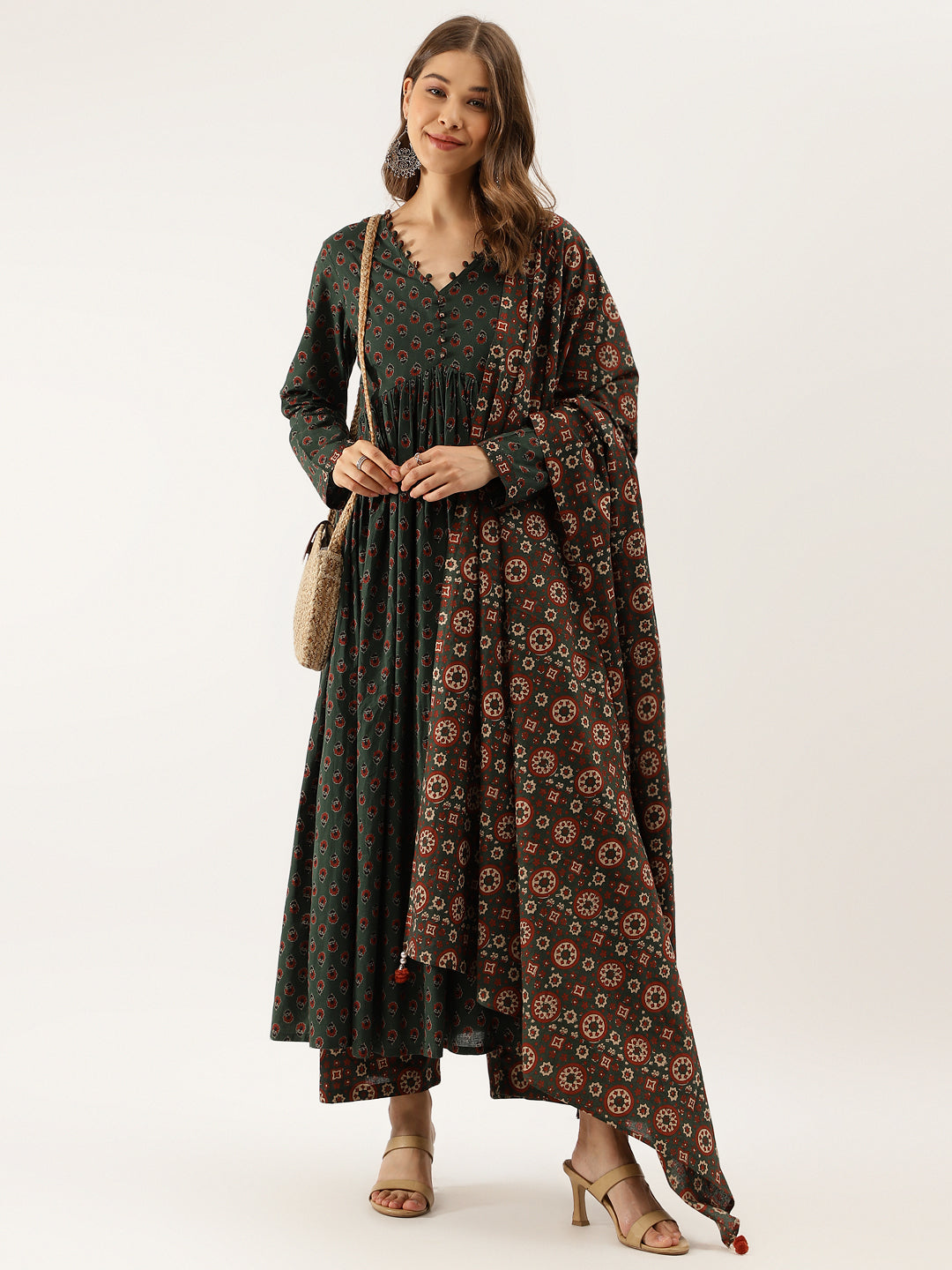 Woman in a long green floral print cotton kurta set with a floral patterned dupatta